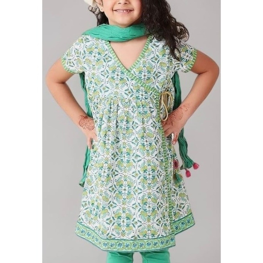 Fabindia Girls Green Floral Block Print Angrakha Kurta Tunic Mirror Tassels 2-3Y